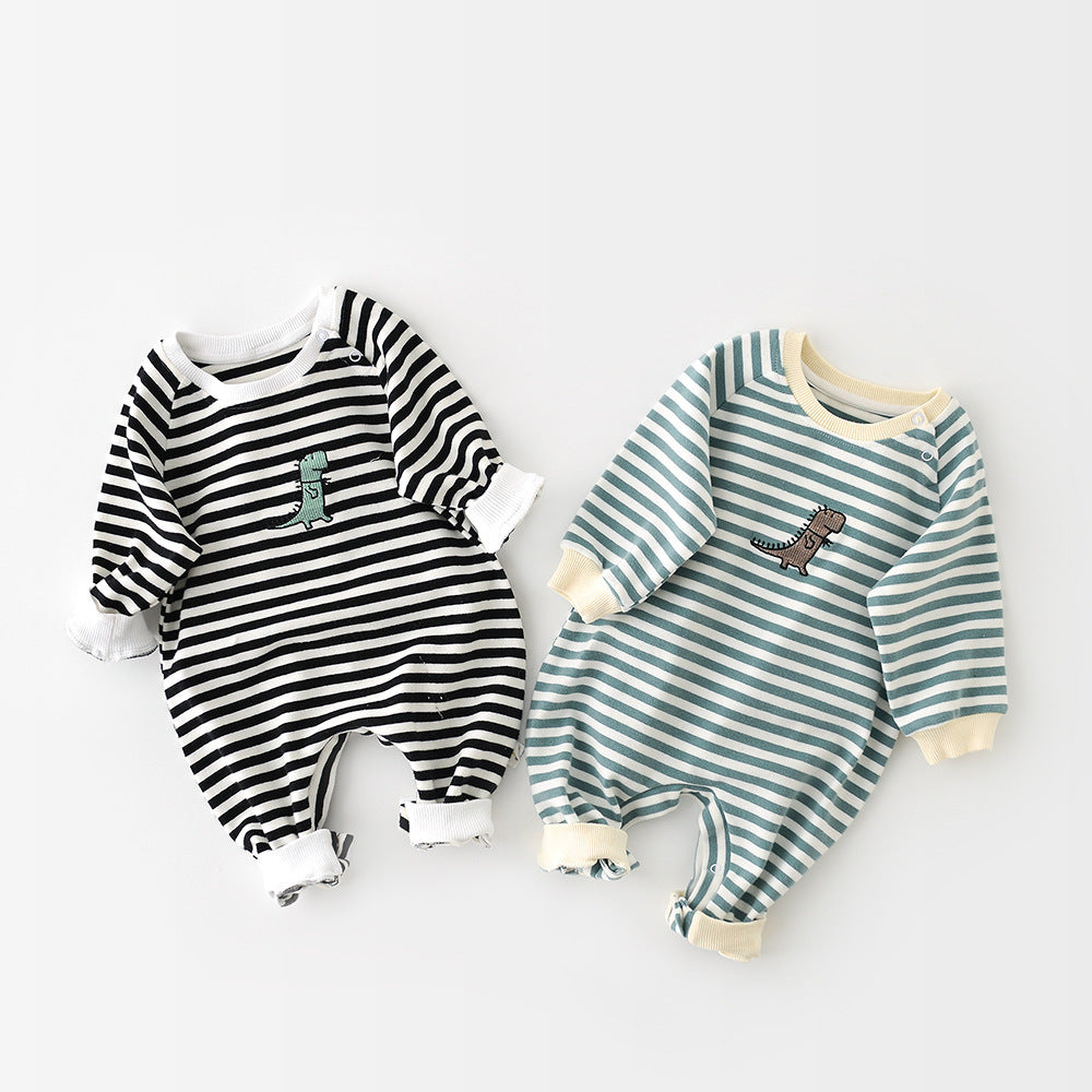 Baby Dinosaur Striped Cotton Jumpsuit Long Sleeve