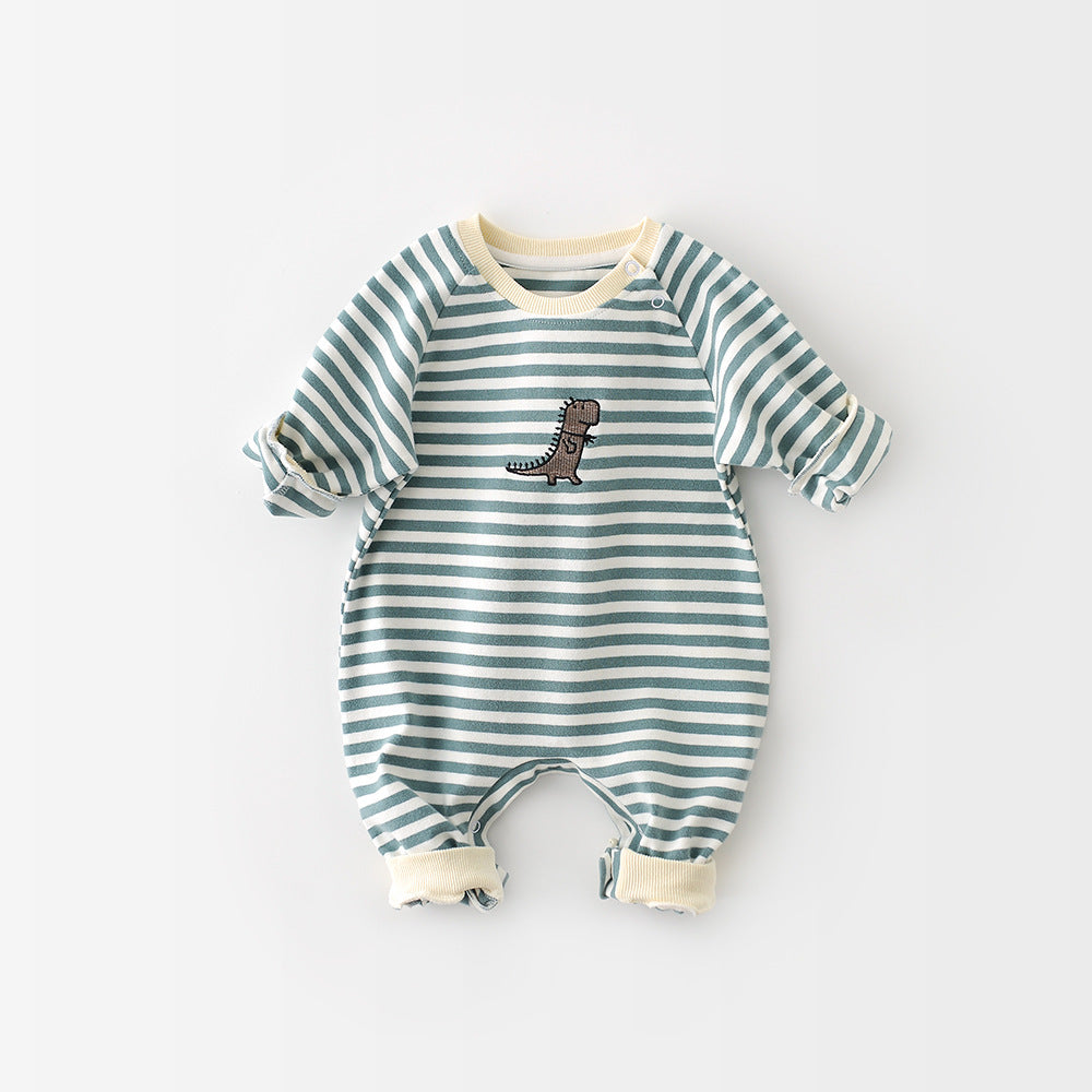 Baby Dinosaur Striped Cotton Jumpsuit Long Sleeve