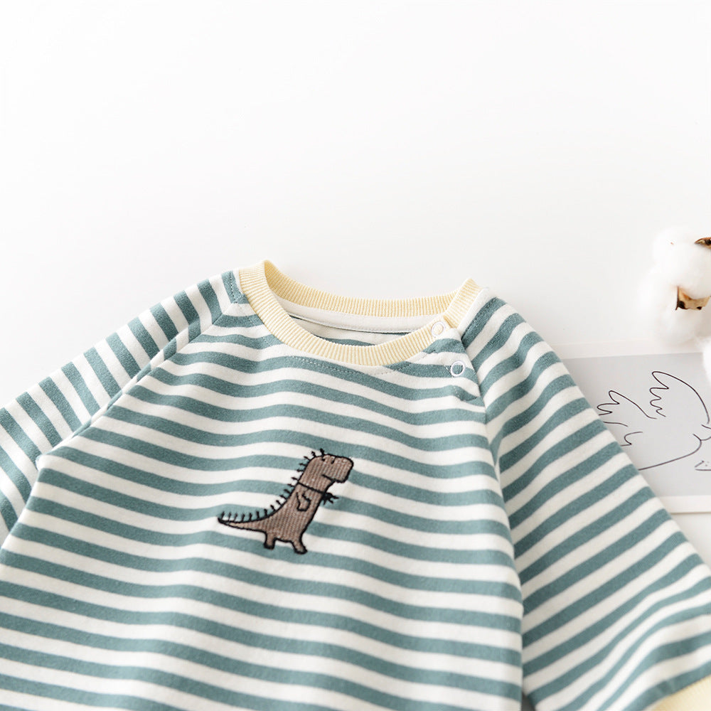 Baby Dinosaur Striped Cotton Jumpsuit Long Sleeve