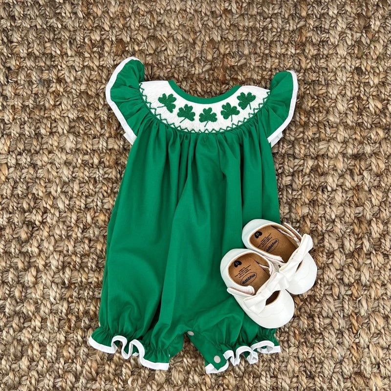 Summer Baby Romper with Clover Embroidery & Ruffles
