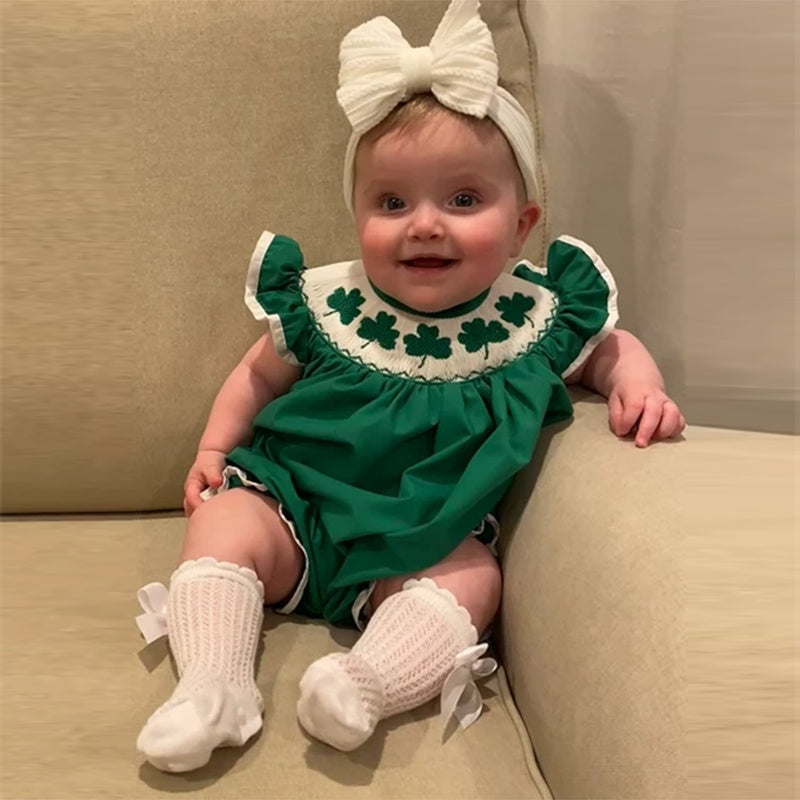 Summer Baby Romper with Clover Embroidery & Ruffles